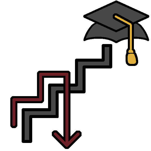 A dark gray stair case to a graduation cap, with a red arrow going up it and on the second step pointing downwards, off of the stairs. 